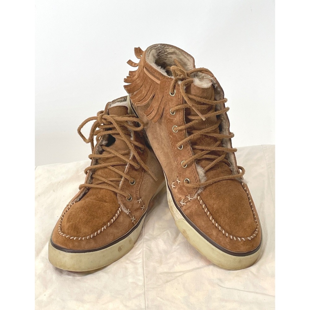 UGG Womens 9 Sneaker Chestnut Brown Fringe Suede Shearling Moccasin 3319